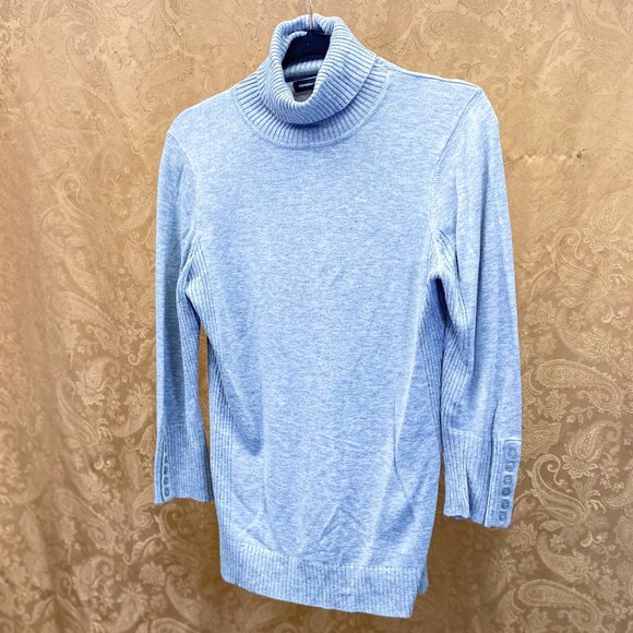 EXPRESS Classy Long Sleeve Shirt Heathered Grey Button Detail Turtleneck - Picture 5 of 12